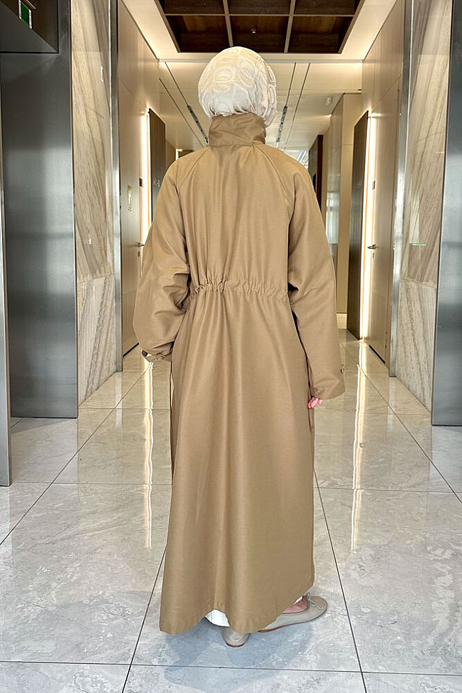 Solenne Boyun Kemerli Canvas Trenç - Camel - 7
