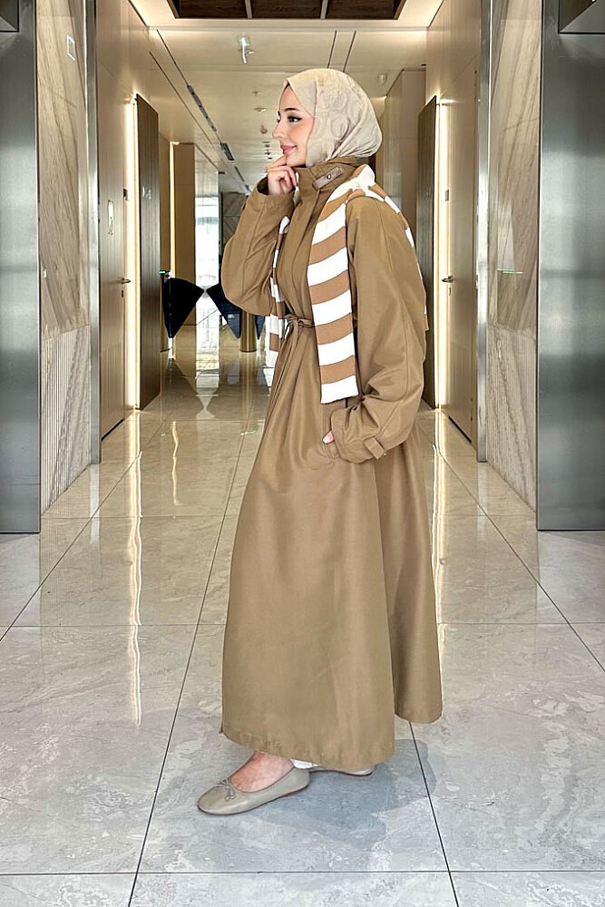 Solenne Boyun Kemerli Canvas Trenç - Camel - 8