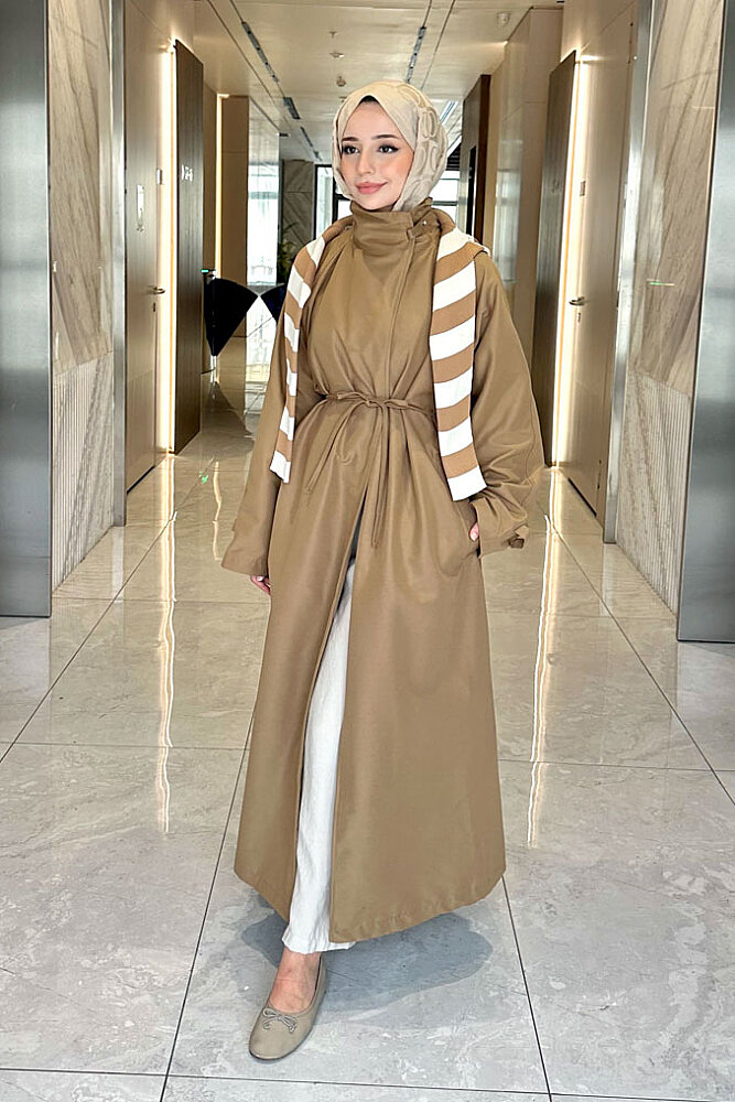 Solenne Boyun Kemerli Canvas Trenç - Camel - 2