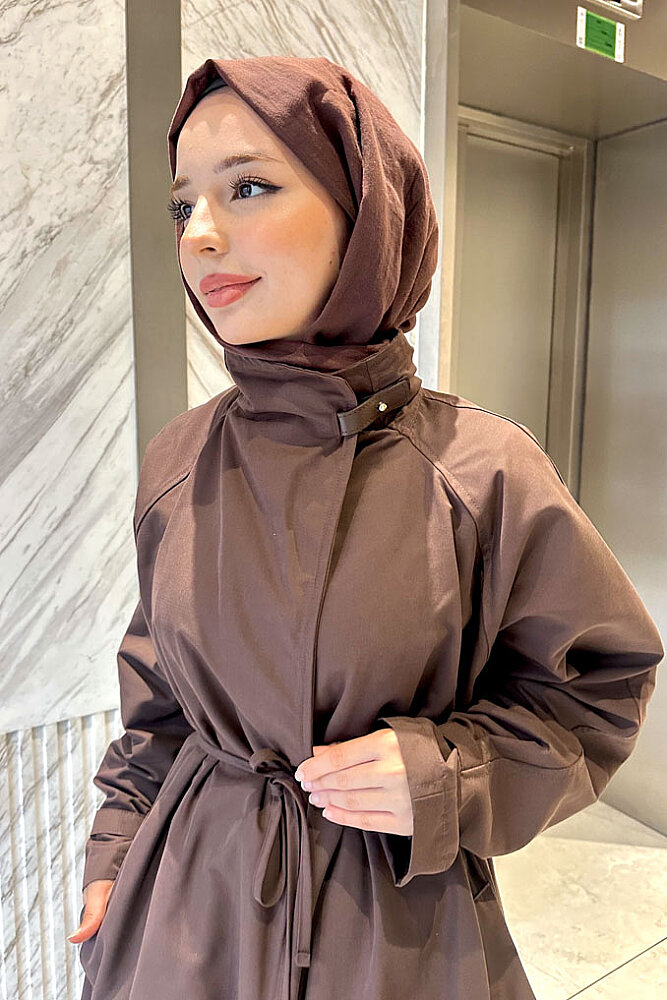 Solenne Boyun Kemerli Canvas Trenç - Kahverengi - ALLMİSS (1)