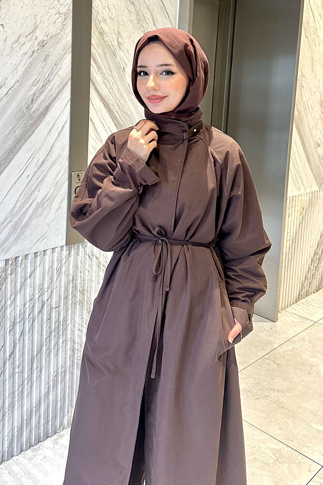 Solenne Boyun Kemerli Canvas Trenç - Kahverengi - ALLMİSS (2)