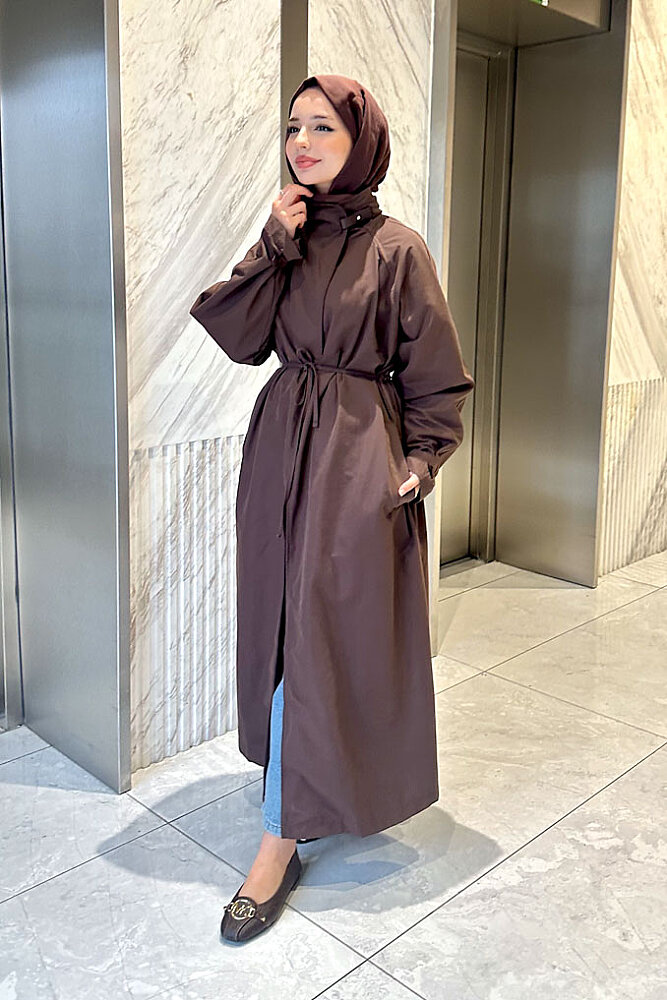 Solenne Boyun Kemerli Canvas Trenç - Kahverengi - 7