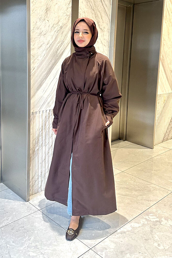 Solenne Boyun Kemerli Canvas Trenç - Kahverengi - ALLMİSS (3)