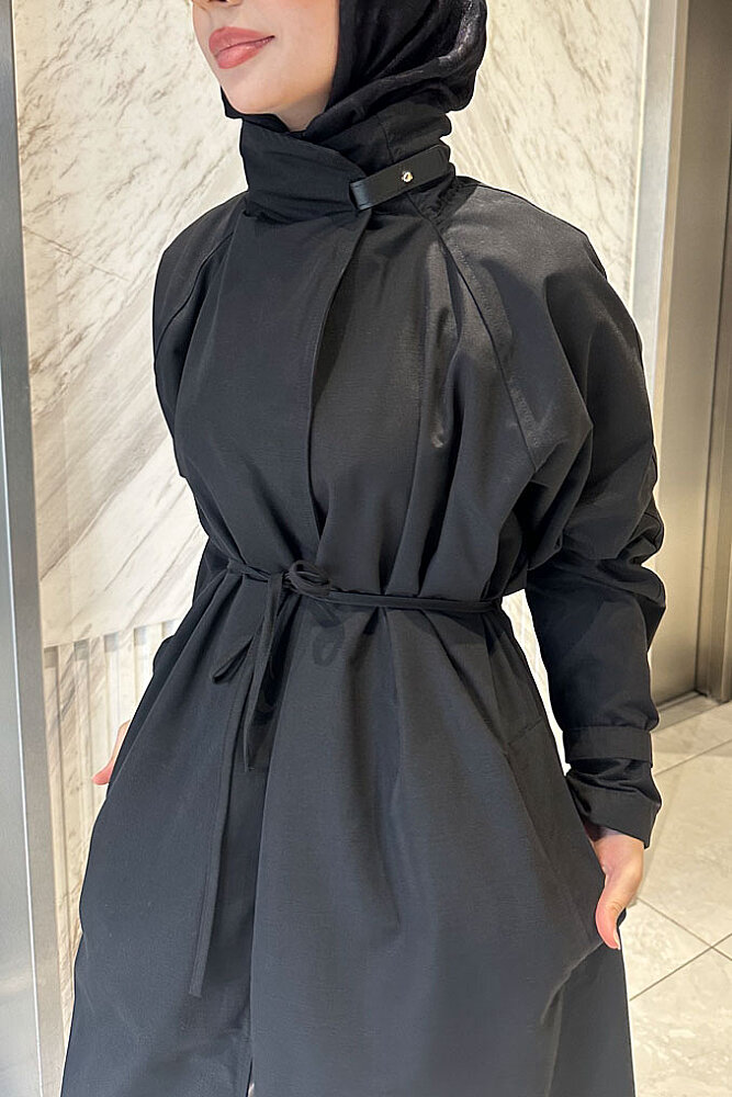 Solenne Boyun Kemerli Canvas Trenç - Siyah - ALLMİSS (1)