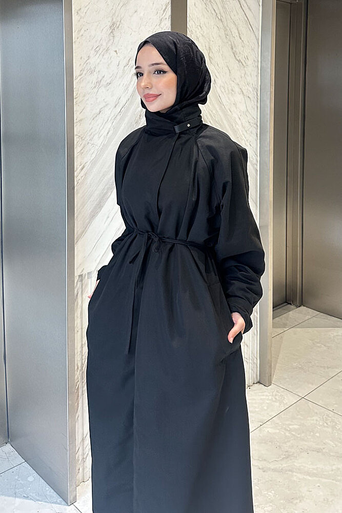 Solenne Boyun Kemerli Canvas Trenç - Siyah - ALLMİSS (2)