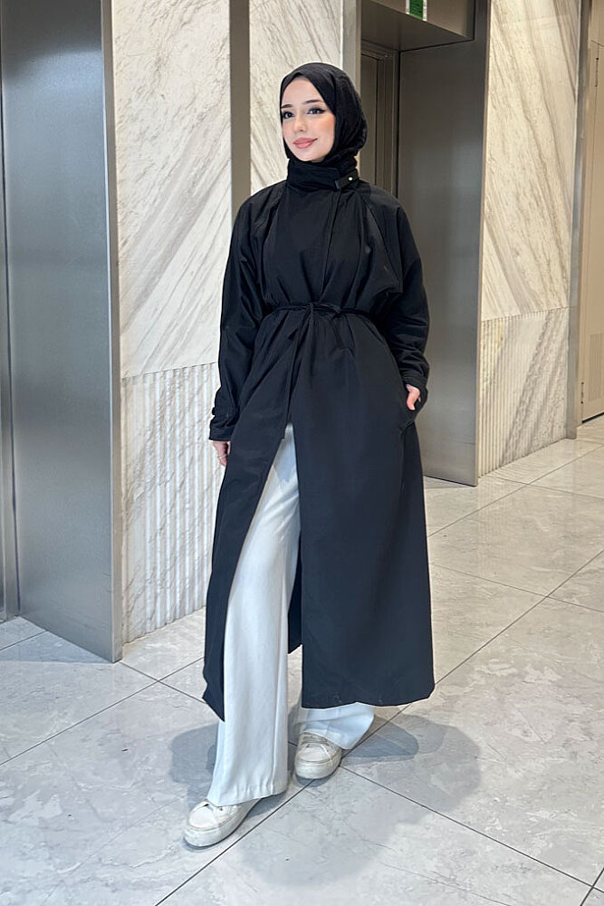 Solenne Boyun Kemerli Canvas Trenç - Siyah - ALLMİSS (0)