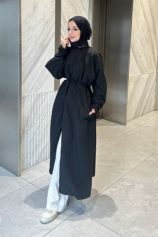 Solenne Boyun Kemerli Canvas Trenç - Siyah - ALLMİSS (3)
