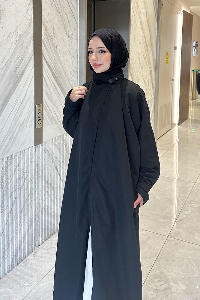 Solenne Boyun Kemerli Canvas Trenç - Siyah - 7