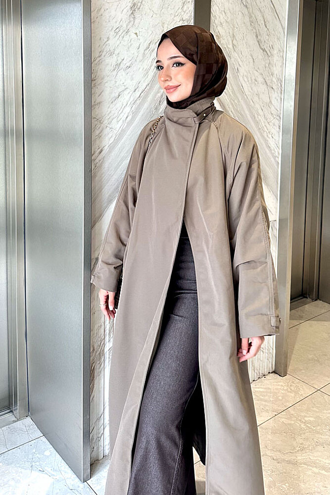 Solenne Boyun Kemerli Canvas Trenç - Vizon - 5