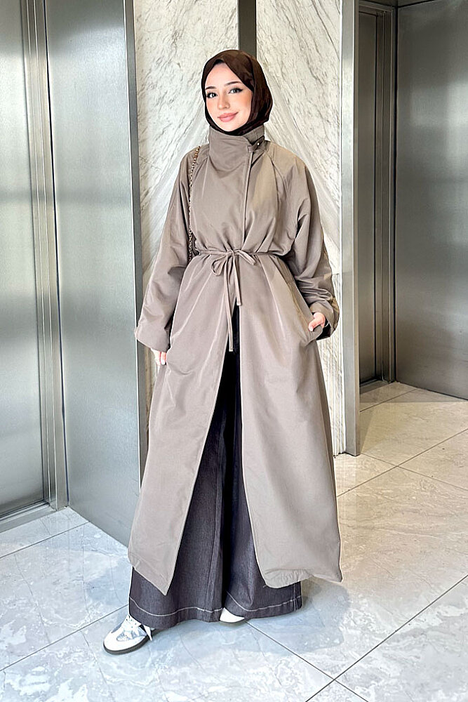 Solenne Boyun Kemerli Canvas Trenç - Vizon - ALLMİSS (3)