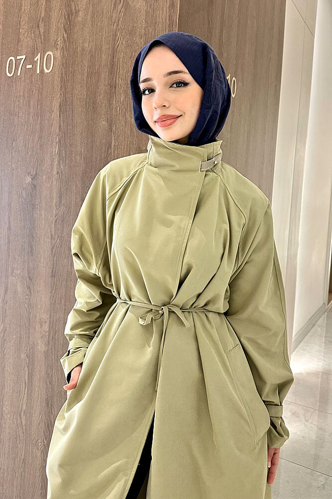 Solenne Boyun Kemerli Canvas Trenç - Yağ Yeşili - 3