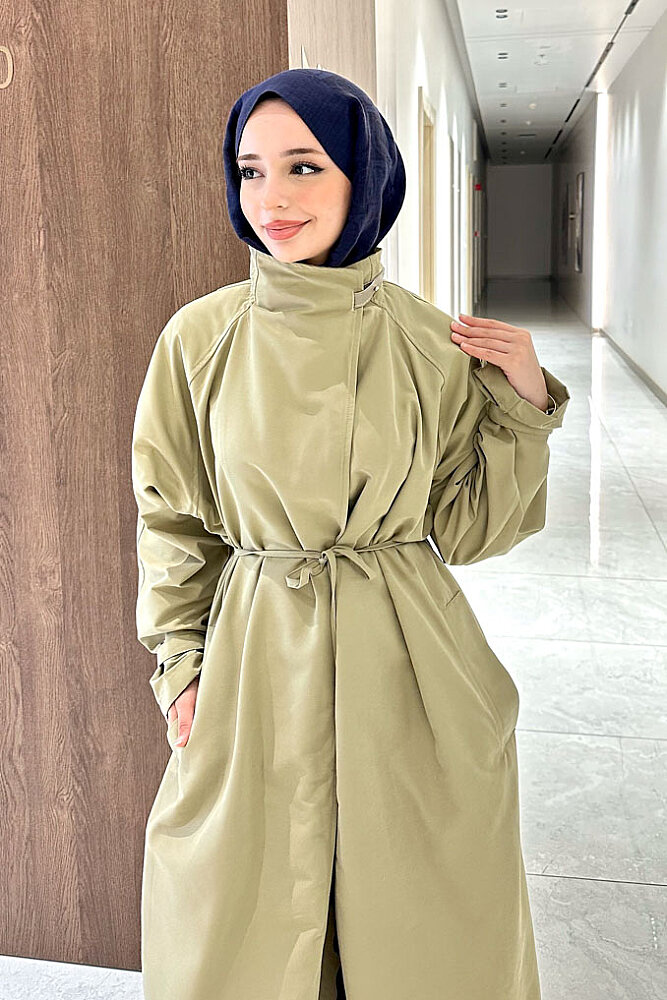 Solenne Boyun Kemerli Canvas Trenç - Yağ Yeşili - 2
