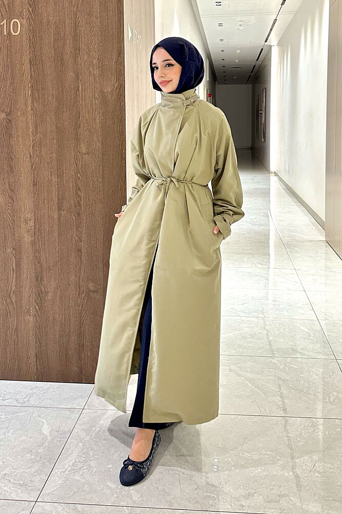 Solenne Boyun Kemerli Canvas Trenç - Yağ Yeşili - ALLMİSS (0)
