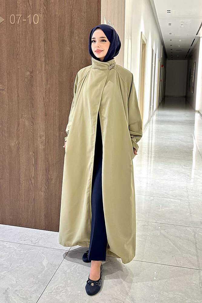 Solenne Boyun Kemerli Canvas Trenç - Yağ Yeşili - 5