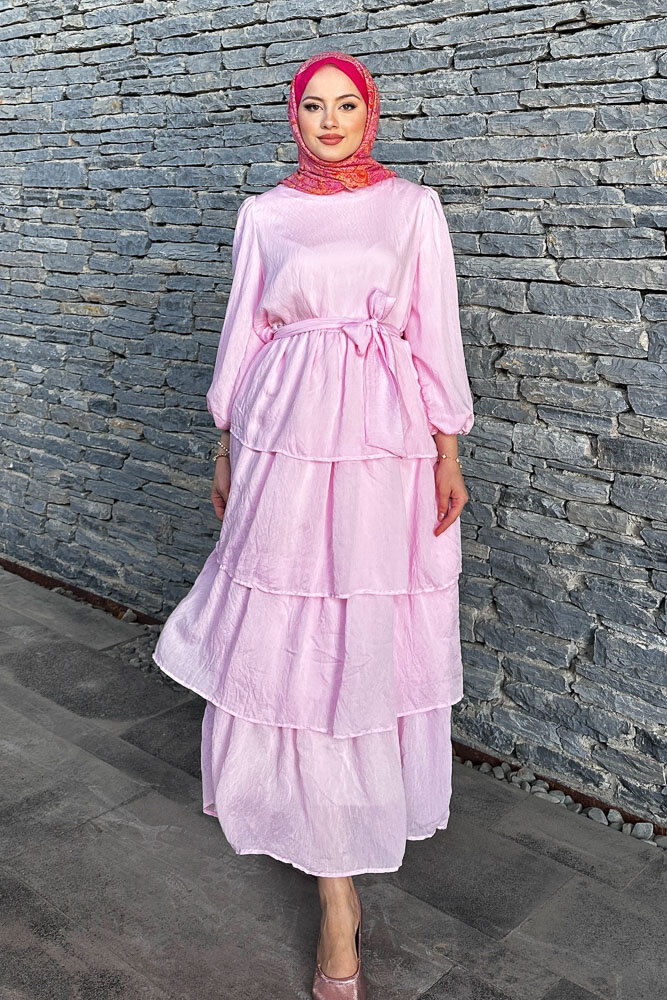 Soren Eteği Kat Kat Tül Elbise - Pembe - 4
