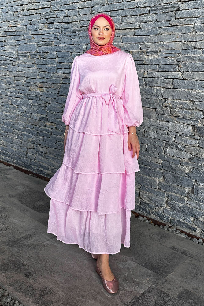 Soren Eteği Kat Kat Tül Elbise - Pembe - 6