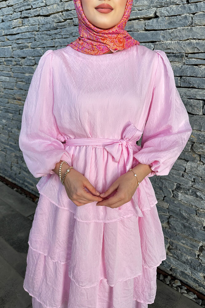 Soren Eteği Kat Kat Tül Elbise - Pembe - 5