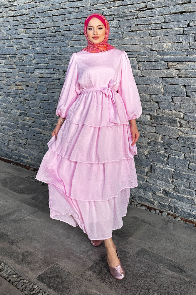 Soren Eteği Kat Kat Tül Elbise - Pembe - 3