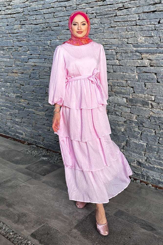Soren Eteği Kat Kat Tül Elbise - Pembe - 8