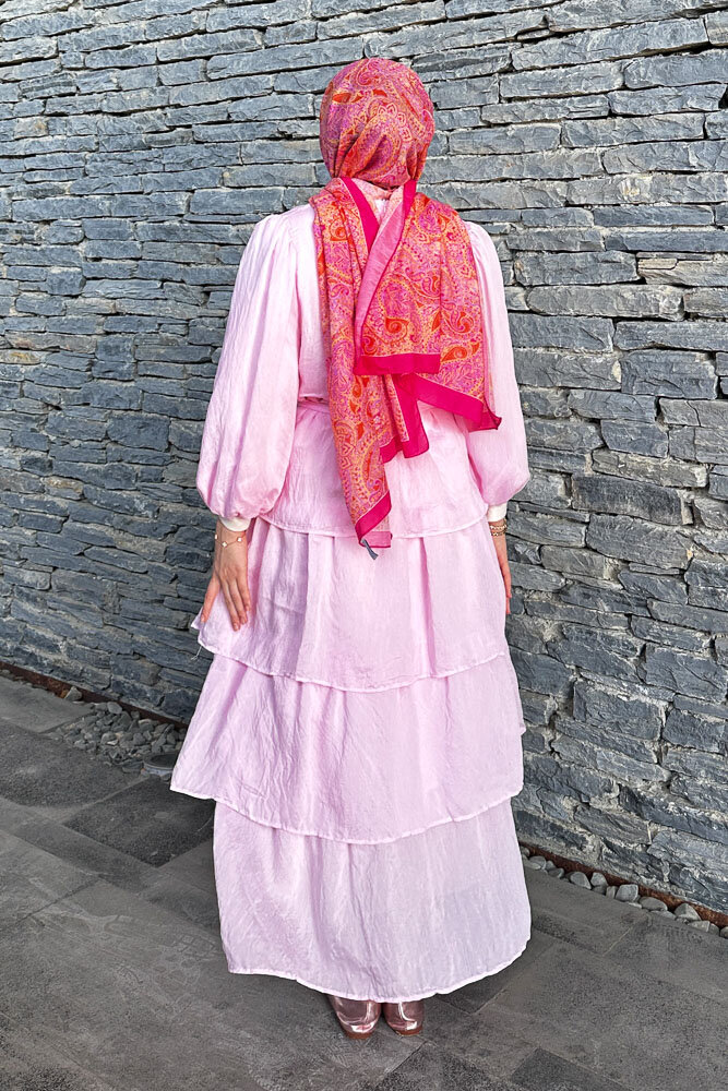 Soren Eteği Kat Kat Tül Elbise - Pembe - 7