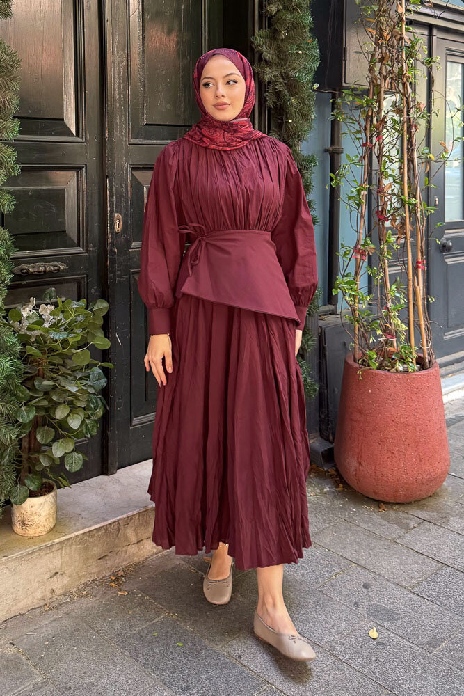 Spark Seyyar Kuşaklı Vual Elbise - Bordo - 4