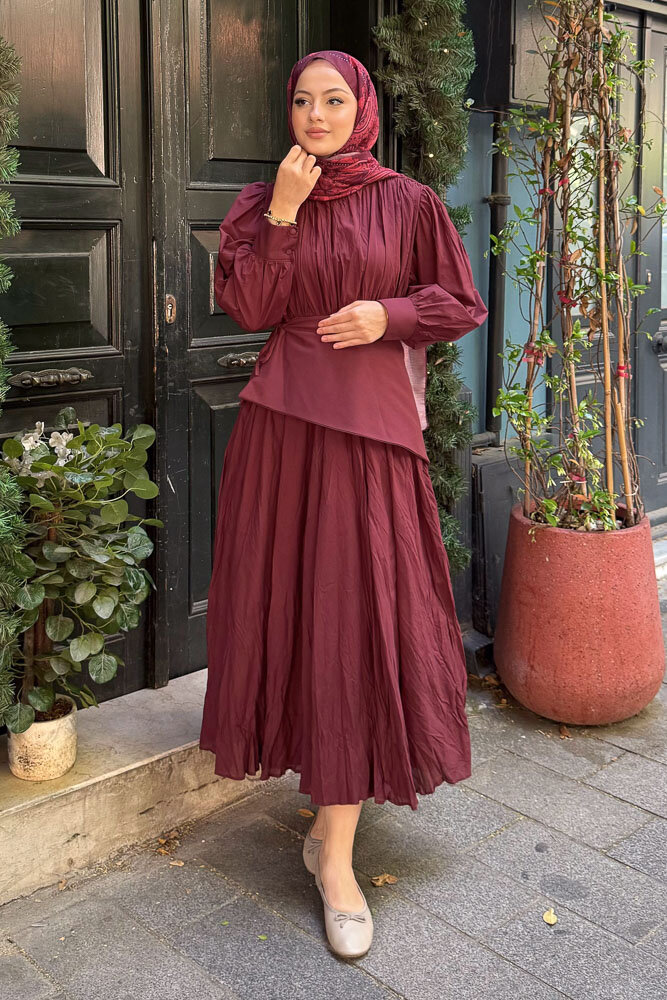 Spark Seyyar Kuşaklı Vual Elbise - Bordo - 5