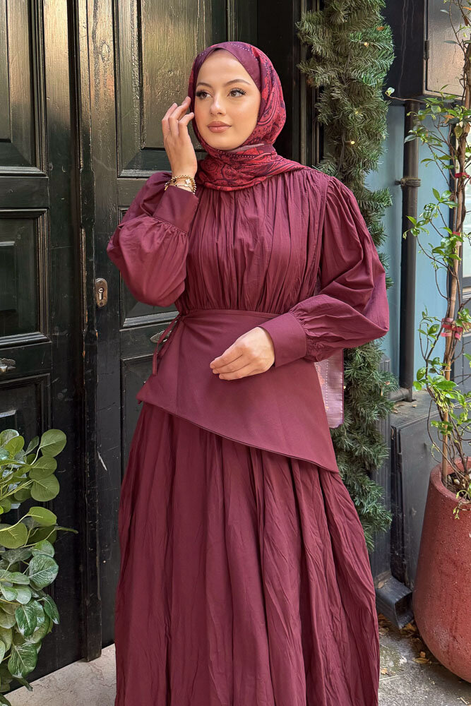 Spark Seyyar Kuşaklı Vual Elbise - Bordo - 6