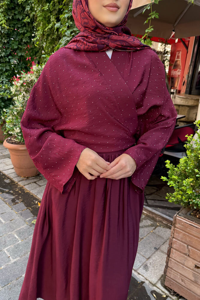 Taşlı Bağlamalı Kimono Etek Takım - Bordo - 5