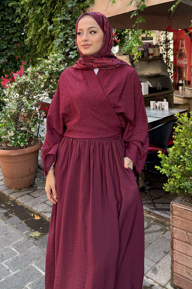 Taşlı Bağlamalı Kimono Etek Takım - Bordo - 2