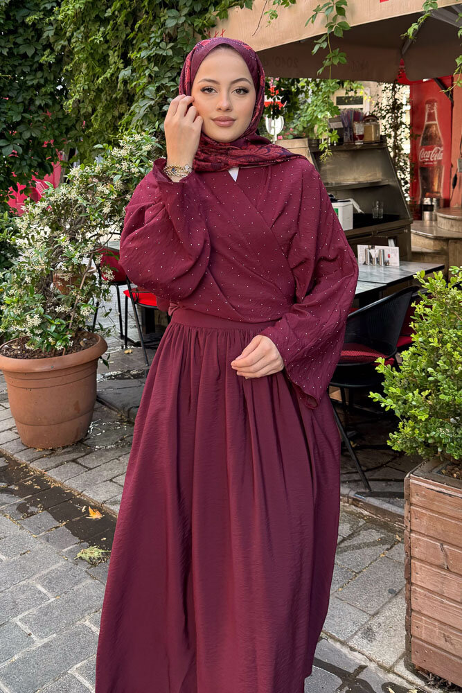 Taşlı Bağlamalı Kimono Etek Takım - Bordo - 4
