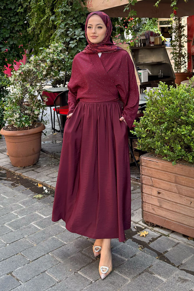 Taşlı Bağlamalı Kimono Etek Takım - Bordo - 1
