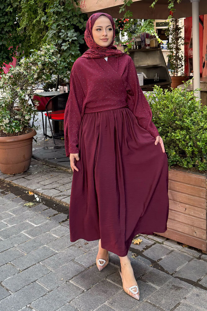 Taşlı Bağlamalı Kimono Etek Takım - Bordo - 6