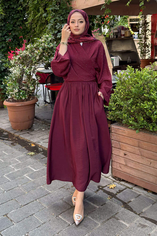 Taşlı Bağlamalı Kimono Etek Takım - Bordo - 3