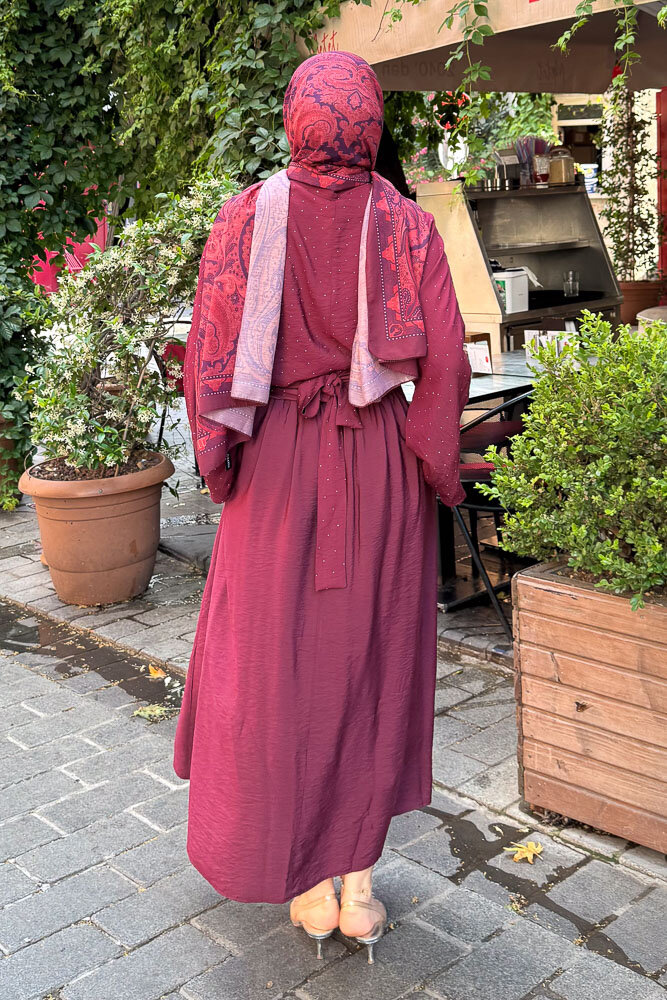 Taşlı Bağlamalı Kimono Etek Takım - Bordo - 8