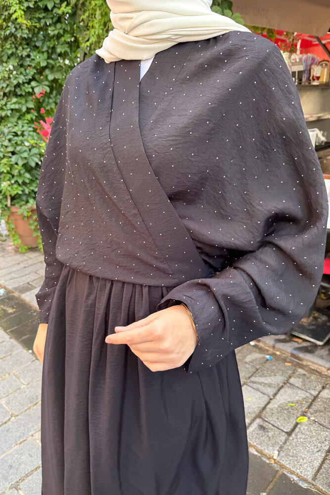 Taşlı Bağlamalı Kimono Etek Takım - Siyah - 4