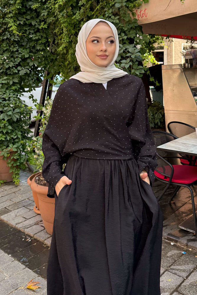 Taşlı Bağlamalı Kimono Etek Takım - Siyah - 5