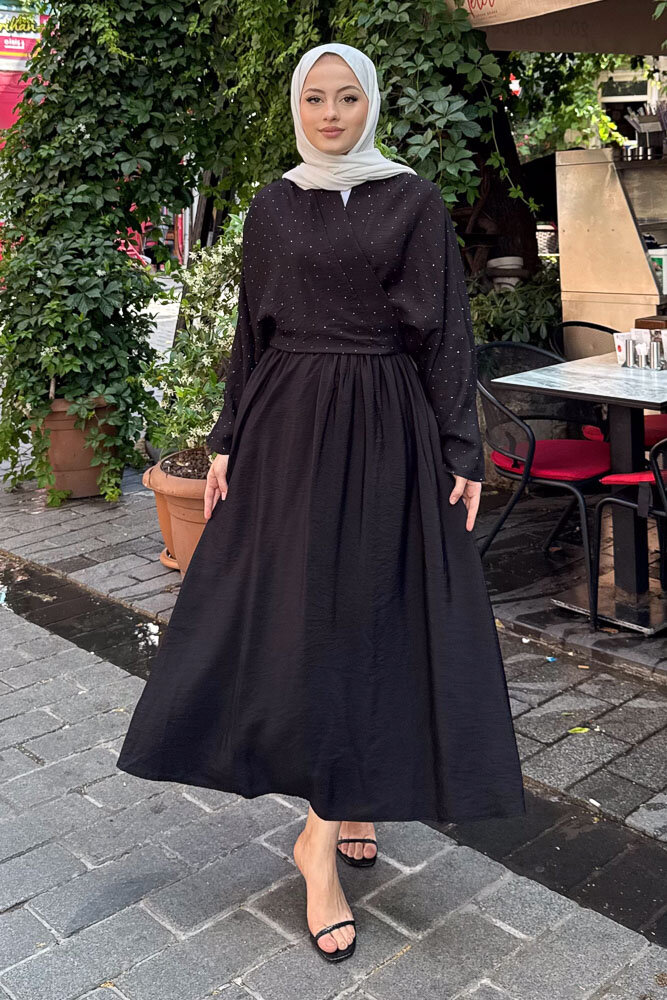 Taşlı Bağlamalı Kimono Etek Takım - Siyah 
