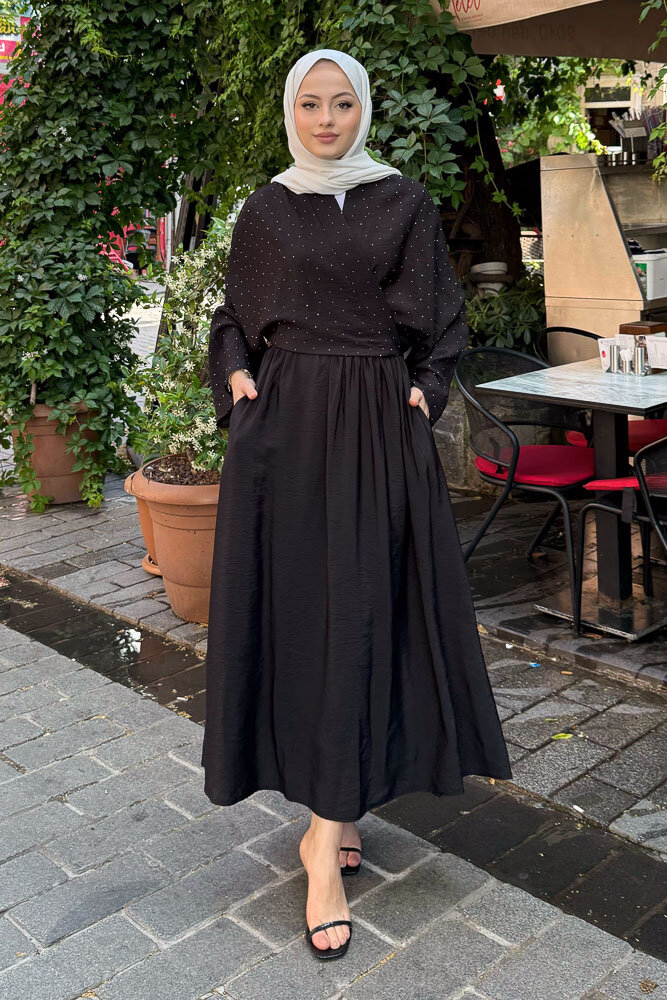 Taşlı Bağlamalı Kimono Etek Takım - Siyah - 3