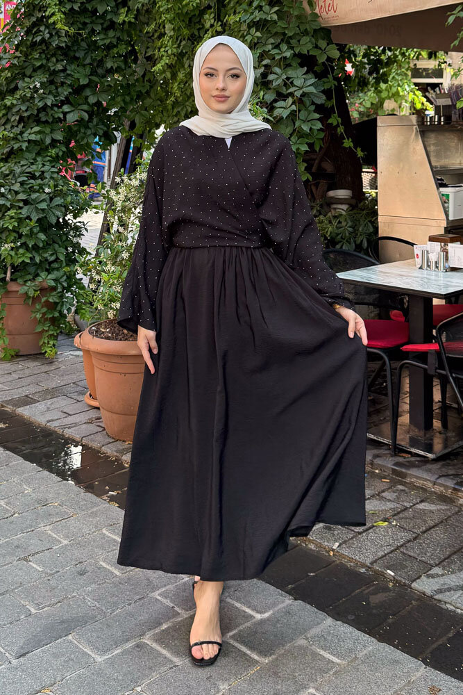 Taşlı Bağlamalı Kimono Etek Takım - Siyah - 6
