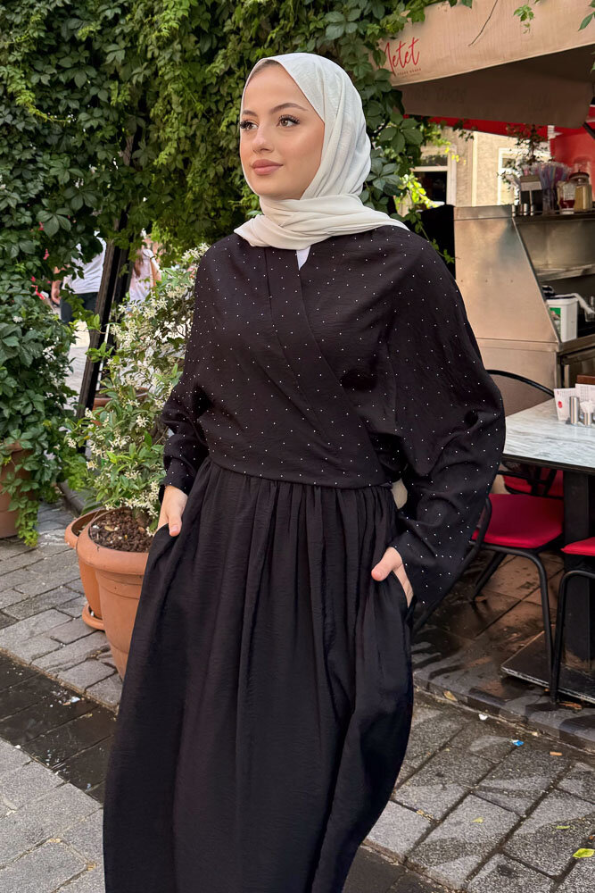 Taşlı Bağlamalı Kimono Etek Takım - Siyah - 2
