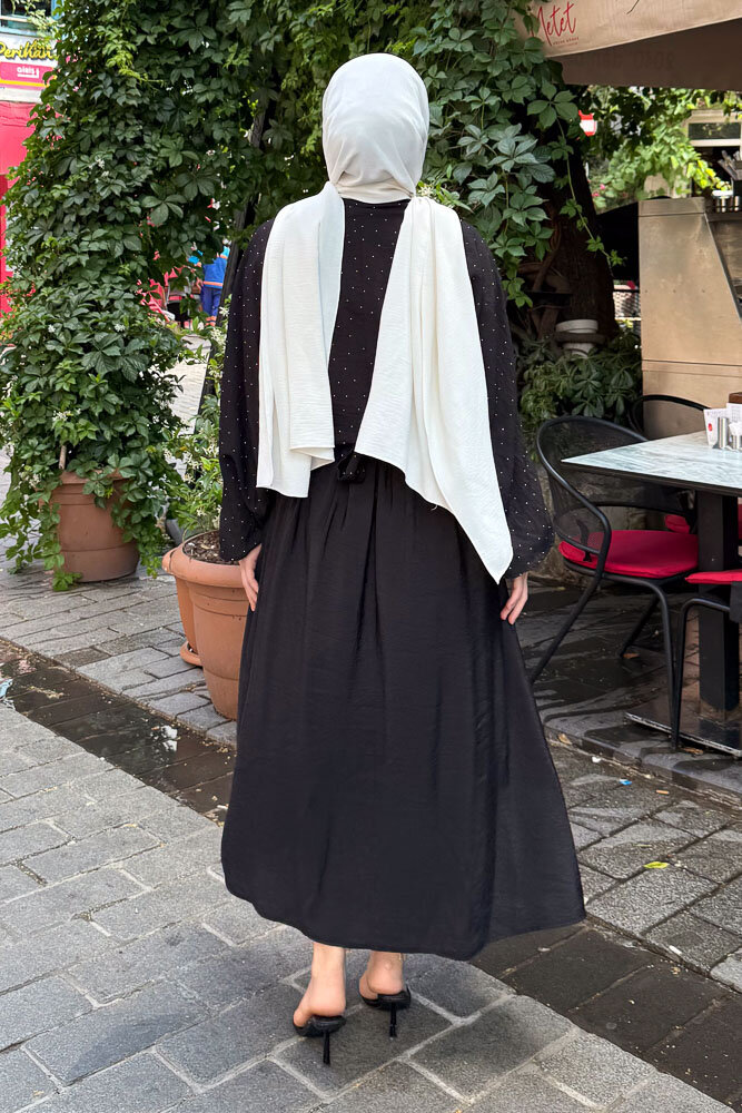 Taşlı Bağlamalı Kimono Etek Takım - Siyah - 8