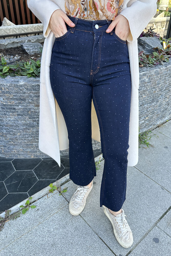 Taşlı Bootcut Denim Pantolon - Lacivert - 3