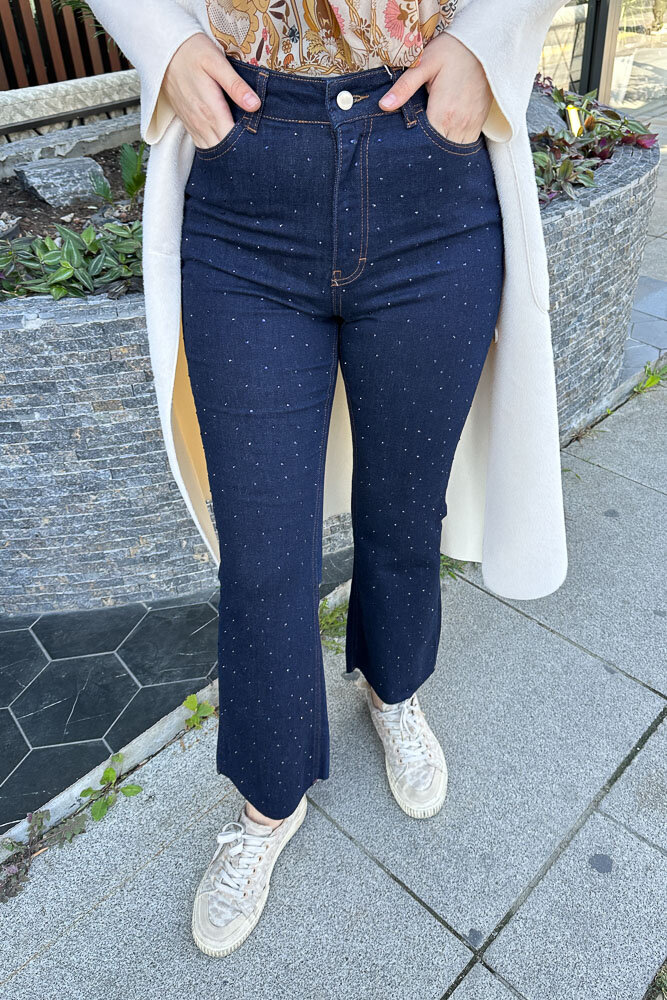 Taşlı Bootcut Denim Pantolon - Lacivert - 1