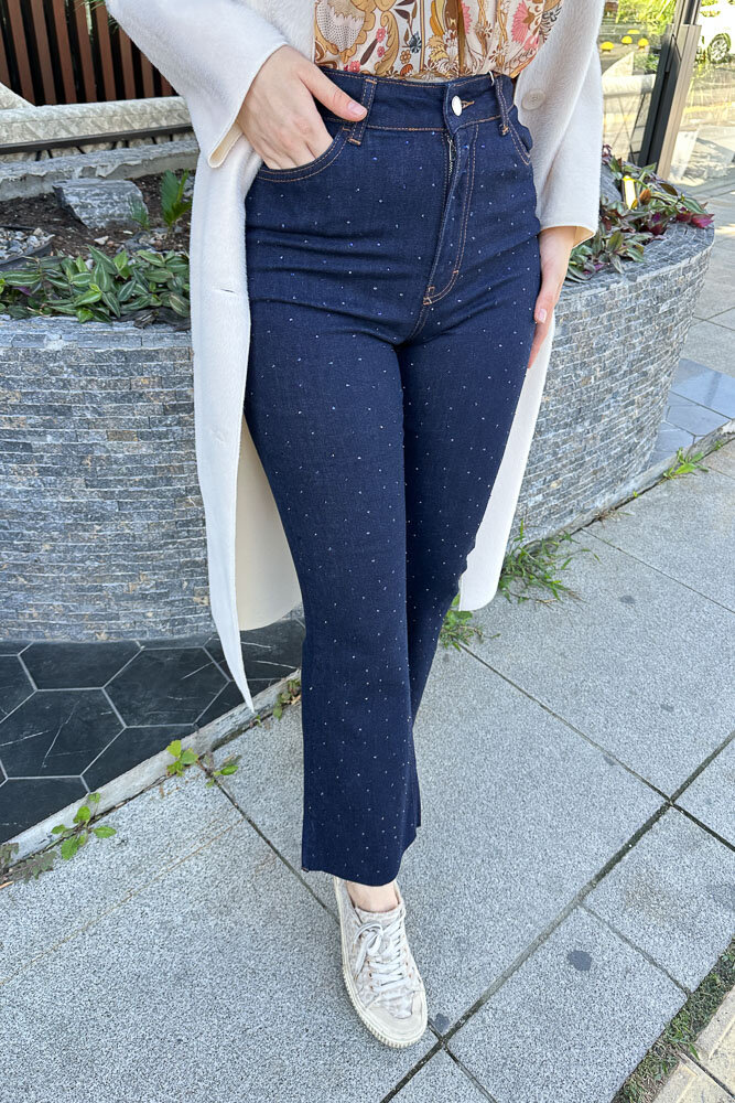 Taşlı Bootcut Denim Pantolon - Lacivert - 4