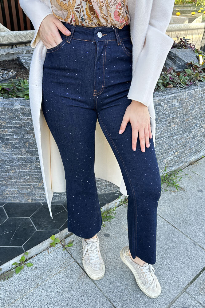 Taşlı Bootcut Denim Pantolon - Lacivert - 5