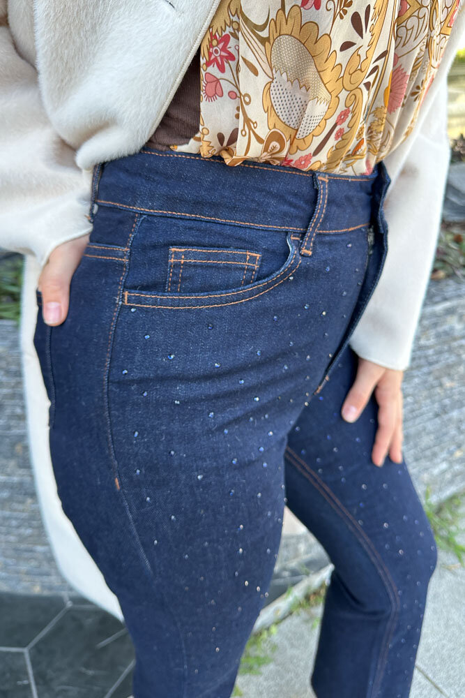 Taşlı Bootcut Denim Pantolon - Lacivert - 2