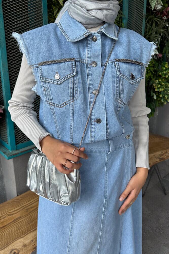 Taşlı Denim Yelek - Mavi - HENZA (2)