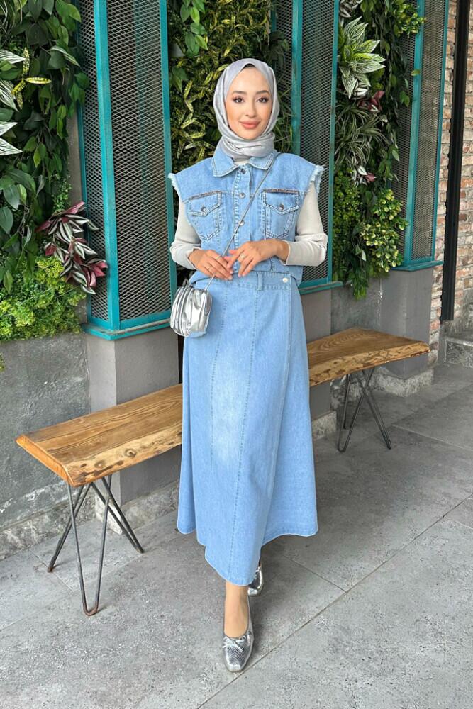 Taşlı Denim Yelek - Mavi - HENZA (4)