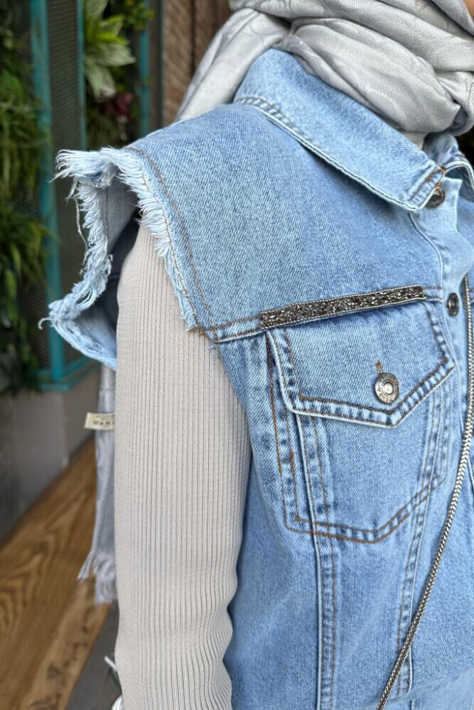 Taşlı Denim Yelek - Mavi - HENZA (5)
