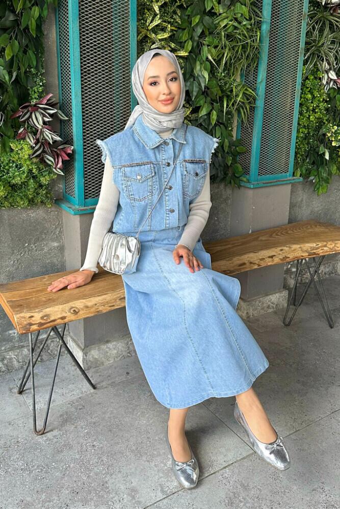 Taşlı Denim Yelek - Mavi - HENZA (1)